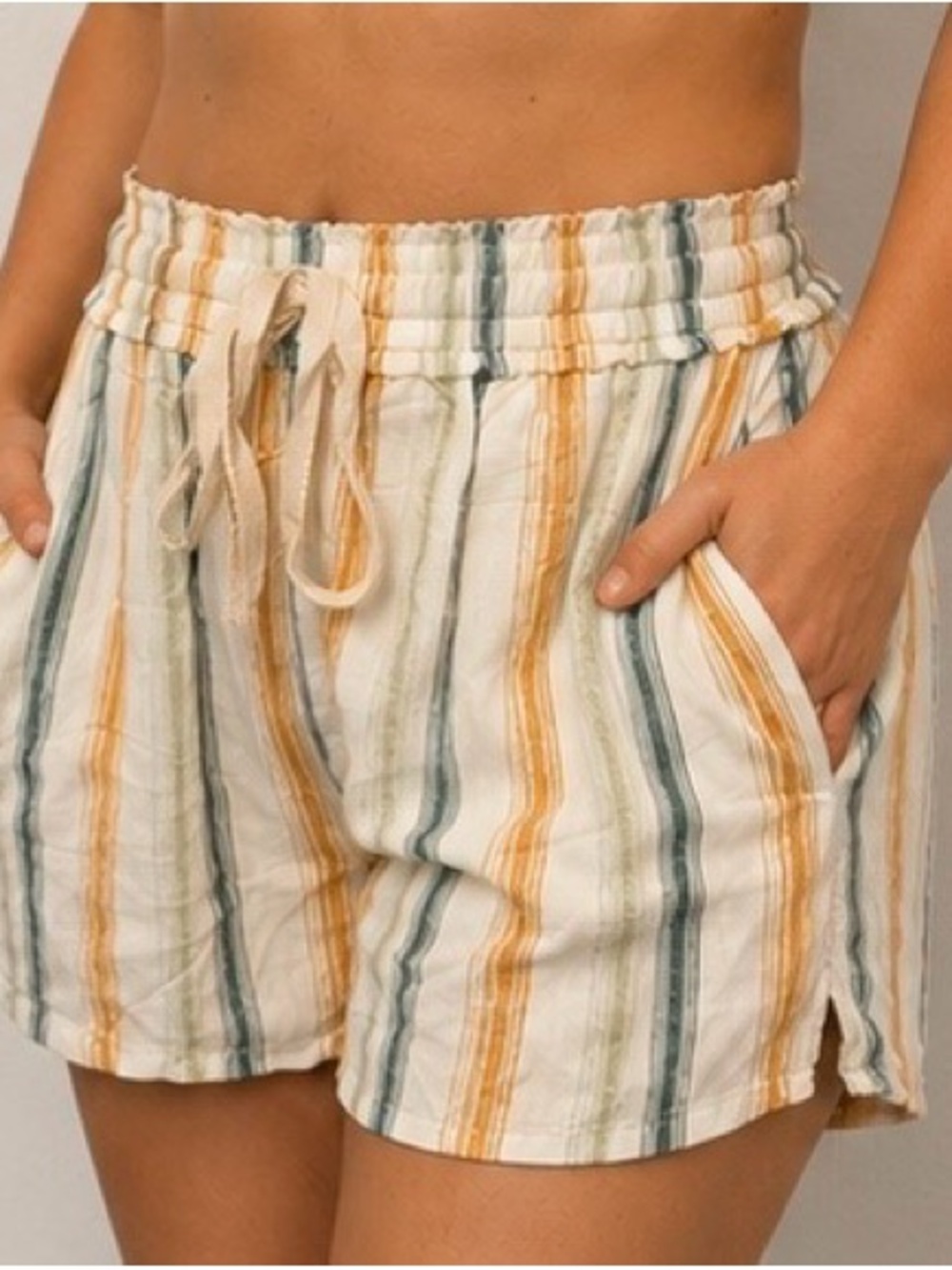 Striped Drawstring Women's Shorts - White with Mustard & Teal Stripes
